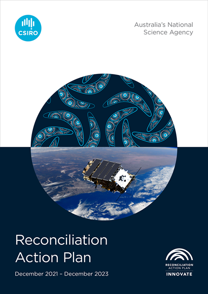 Cover of the 2021-2023 Reconciliation Action Plan with a sphere with the Aboriginal artwork in the top half and a satellite in space in the bottom.